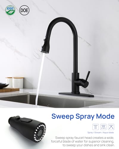 J-HVA Pull Down Kitchen Faucet Sprayer Head Replacement Part, Matte Black | with 15 Connectors, 3 Function Pull Out Sink Sprayer Replacement Nozzle, Kitchen Faucet Head Hose Spray Tap Spout - color: Matte Black