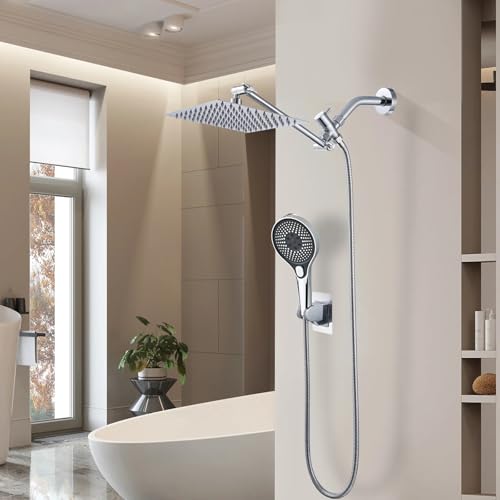 Shower Head,10'' Rain Shower Head with 11'' Angle Adjustable Extension Arm and Handheld Spray Combo/Flow Regulator/Shower System/Angle Adjustable/5Ft Hose, Height (Chrome, 8 Inch)