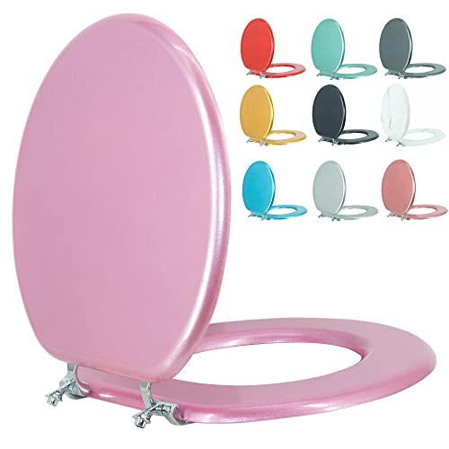 Round Toilet Seat Wood Toilet Seat Prevent Shifting with Zinc Alloy Hinges American Standard Size Toilet Seat Easy to Install also Easy to Clean (Round,Sparkling Pink) - color: Lucky Pink, size: Round
