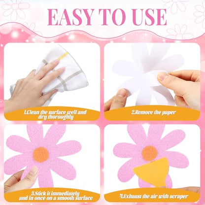24 Pcs Non Slip Bathtub Stickers, Flower, Pink | Anti Slip Grip for Shower Floor, Self Adhesive Treads with Scraper Tool, Daisy Appliques Decals for Bathroom Safety - color: Pink, style: Flower