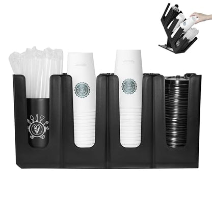 Cup Holder Lid Dispenser with Straw Organizer,Disposable Coffee Cup Dispenser,Cup Storage Organizer for Breakroom Countertop Coffee Station Bar Restaurant