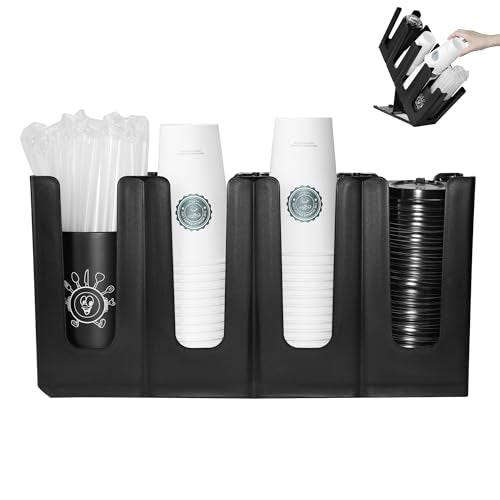 Cup Holder Lid Dispenser with Straw Organizer,Disposable Coffee Cup Dispenser,Cup Storage Organizer for Breakroom Countertop Coffee Station Bar Restaurant
