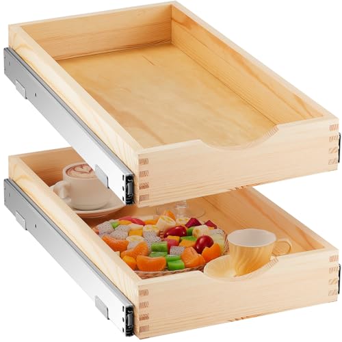 Menkxi 2 Set Wooden Pull out Cabinet Organizer Fully Assembled Slide out Pantry Drawer with Gentle Close Storage Shelf Tray for Base Kitchen Under Sink Bathroom Accessory(Wood Color,12'' X 21'' X 3") - size: 12'' X 21'' X 3"