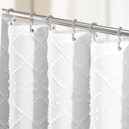 Extra Long Shower Curtain and Liner Set - 84 inch Tall Boho Shower Curtain and Waterproof Clear Liner, Tufted Geometric Striped Tassel Shower Curtains for Bathroom, 12 Hooks, 72x84, White - color: White, size: 72"W x 84"L (Pack of 1)