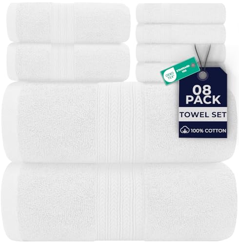 DAN RIVER 8 PC Luxury Bath Towels for Bathroom, 2 Bath, 2 Hand, and 4 Wash Cloths, 600 GSM 100% Ring Spun Cotton Towel Set, Highly Absorbent, Gym, Hotel, and Spa, White - color: Brilliant White, size: Towel Set (08 PK)