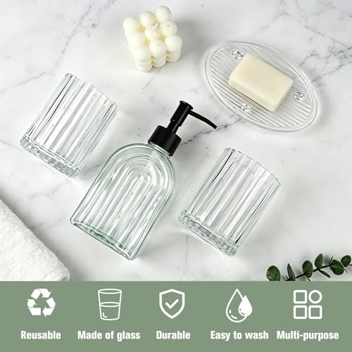 4-Piece Glass Bathroom Accessories Set, Clear Soap Dispenser, Soap Dish, Toothbrush Holder & 2 Tumblers, Bathroom Countertop Organizer Set for Vanity, Sink, Apartment & Modern Decor