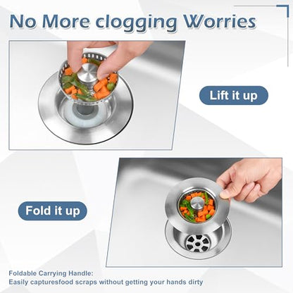 3 in 1 Kitchen Sink Stopper,304 Stainless Steel Kitchen Sink Drain Strainer Fits for Most Kitchen Drain, Easy to Install, Use, and Clean; Works Effectively