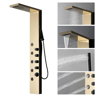 Shower Panel Tower System with Rainfall Shower Head | 5 Body Jets and Handheld Shower Head,Modern Massage Shower System Polished Gold and Black by Homevacious - color: Polished Gold and Black, style: Standard Shower Panel