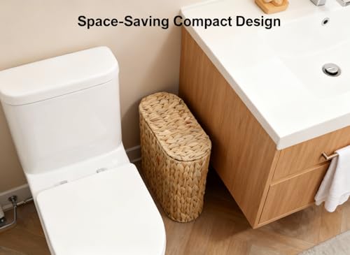 Coeusy Wicker Bathroom Trash Can with Lid,Narrow Rattan Waste Basket with Removable Liner Bucket,Slim Woven Water Hyacinth Garbage Can for Bedroom,Office,Small Spaces,3 Gallon - size: 3 Gallon