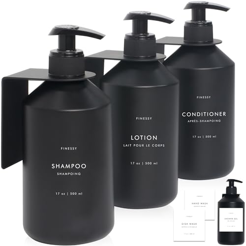 FINESSY Soap Dispenser Black Refillable Shampoo and Conditioner Bottles | Set of 3 17Oz Plastic Shower Soap Bottles With Pump Rust Resistant. Mount Shampoo Conditioner Body Wash Dispenser For Shower - color: Sophisticated Black