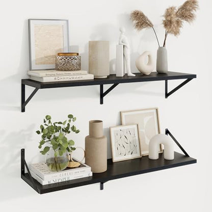 Deep Floating Shelves, 36'' x 10'' Black Wall Shelves Set of 2 | 10 Inch Deep Shelves with Heavy Duty Brackets, Rustic Wood Shelves for Bathroom Living Room, Engineered Wood, 45LBS - color: Black, size: 36W x 10D