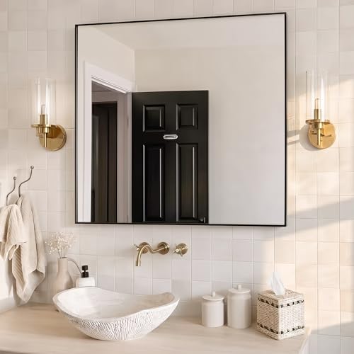 30" x 30" Square Matte Black Wall Mirror, Modern Geometric Metal Framed Decor, Bathroom Vanity & Entryway Accent Mirror, Flush Mount - color: Black, size: 30"L x 30"W