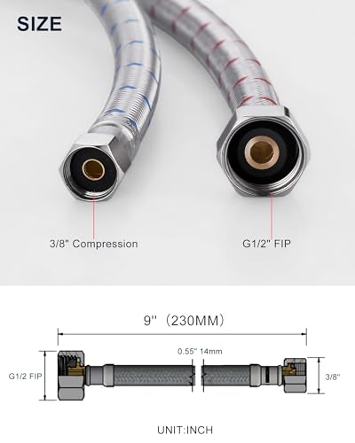 9-Inch Long Faucet Hose, Stainless Steel Braided Faucet Supply Lines Bathroom Kitchen Faucet Connector, G1/2" FIP x 3/8" Compression Sink Water Hose Replacement Parts 2 PCS - size: 9 Inch
