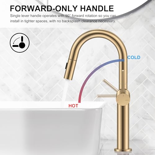 Champagne Bronze Pull Down Tall Vessel Sink Faucet 1 Hole 1 Handle | Vessel Bowl Faucet with Pop Up Drain & Supply Lines, Lead-Free cUPC & NSF Certified, 1 Hole Faucet for Vanity RV Restroom - color: Champagne Bronze, size: Tall