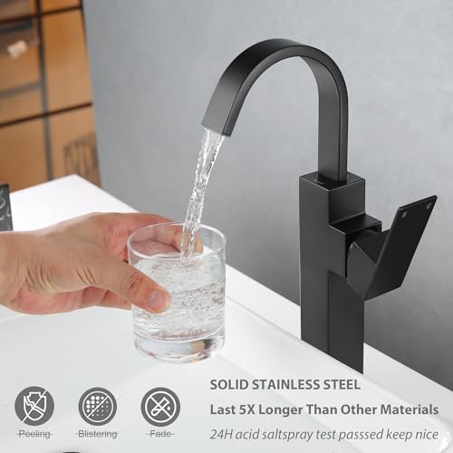Matte Black Vessel Sink Faucet, Single Handle Tall Bathroom Faucet，Waterfall Bathroom Faucet Single Hole Lavatory Vanity Tap Single Hole Bar Sink Faucet with Pop Up Drain and Supply Lines,SL50044BK - color: Matte Black, size: Tall