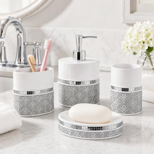 Creative Scents Mirror Damask 6 Piece Resin Bathroom Accessories Set | Includes Trash can, Tissue Box Cover, Soap Dispenser, Toothbrush Holder, Tumbler Cup & Soap Dish - color: 6 Piece Set