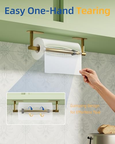 RUACQ Paper Towel Holder Under Cabinet, One Hand Tearing Paper Towel Holder with Damping Effect, Wall Mount & Adhesive Stainless Steel Paper Roll Holder for Kitchen Bathroom (Brushed Gold) - color: Brushed Gold, size: One Hand Tear - Oval