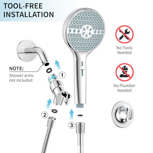 Shower Head With Handheld, 9-Mode High Pressure Handheld Showerhead | Built-in Pause Mode & Power Wash, Anti-clog Nozzles Hand Shower, Leakproof 71 Inch Hose & Adjustable Bracket, Chrome - color: Polished Chrome- 4.53 Inch