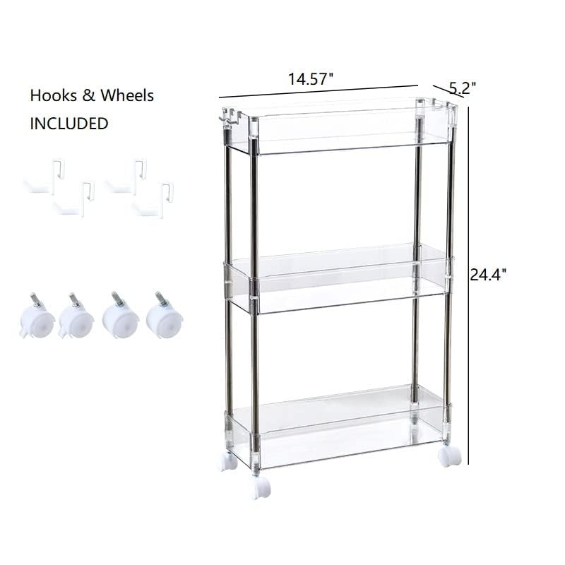 Chris.W Slim Storage Cart 3 Tier with Wheels, Clear Bathroom Cart Organizer, Mobile Shelving Unit Rolling Utility Cart, Slide Out Organizer for Kitchen, Bathroom, Laundry, Narrow Places, Office 5.2" W - size: 5.2" W