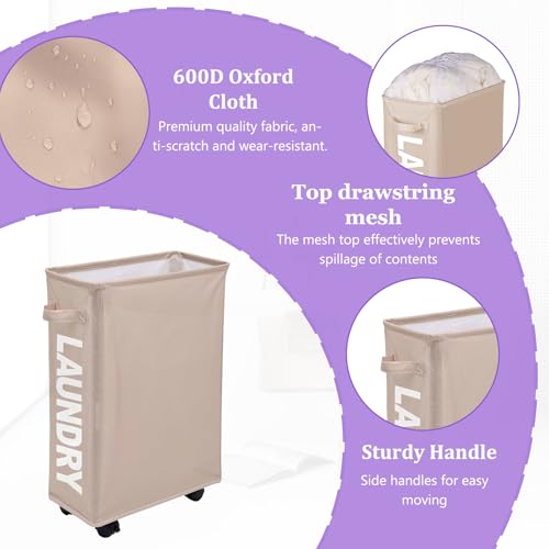 Slim Rolling Laundry Hamper with Wheels, 42L Collapsible Narrow Laundry Basket with Drawstring Mesh Cover, Foldable Dirty Clothes Organizer for Bathroom, Dorm, Small Spaces, Khaki - color: Khaki