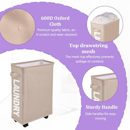 Slim Rolling Laundry Hamper with Wheels, 42L Collapsible Narrow Laundry Basket with Drawstring Mesh Cover, Foldable Dirty Clothes Organizer for Bathroom, Dorm, Small Spaces, Khaki - color: Khaki