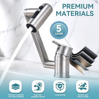 1080°Rotatable Bathroom Vanity Faucet 1 Hole, Height Adjustable Single Handle Sink Faucet Bathroom with 3 Water Outlet Modes - color: Nickel-2