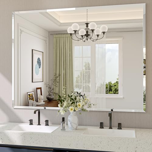 Frameless Bathroom Mirror, 48" x 36" Beveled Wall Mirror | 5mm HD glass, 20mm beveled edge, frameless, anti-rust, shatterproof, french cleat, horizontally or vertically - size: 48"L x 36"W