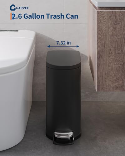 Garvee 2.6 gal / 10 L Metal Bathroom Trash Can with Lid, Slim Waterproof Garbage Can for Bedroom, Small Step-on Trash Bin with Inner Bucket, Rear Handle, Soft Close Lid, Black - color: Black, size: 2.6 Gallons