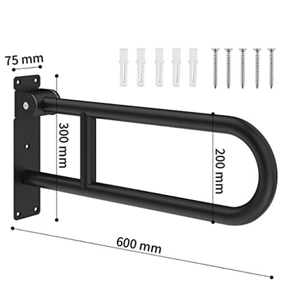 U-Shaped Polished Foldable Toilet Grab Bar,Matte Black Flip-Up Bathroom Handrail for Elderly Handicap Pregnant,Wall Mounted Barrier-Free Folding Shower Assist Aid (Black 60cm) - color: Black