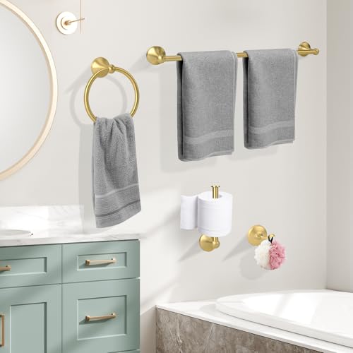 4 Piece Antique Bathroom Hardware Accessories Set Brushed Gold,24 Inch Towel Bar Set,Towel Rack Set,Bathroom Towel Holder Set - color: Brushed Gold