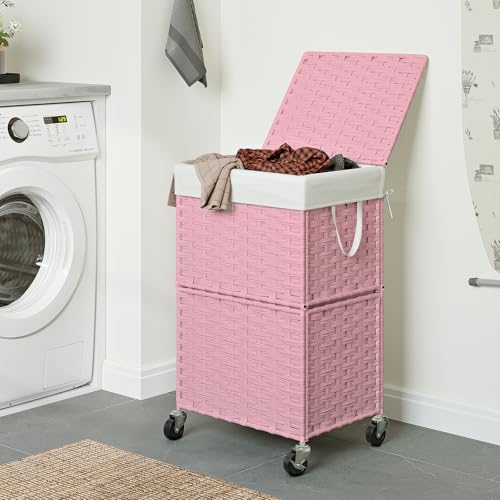 Chrislley Wicker Laundry Basket with Wheels,Rolling Laundry Hamper with Lid | 90L Slim Clothes Hamper with Wheels & Removable Liner Bag, Handwoven Rattan Laundry Organizer for Bedroom, Bathroom, Pink - color: Pink