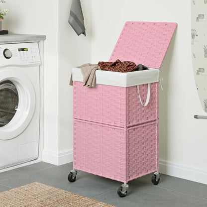 Chrislley Wicker Laundry Basket with Wheels,Rolling Laundry Hamper with Lid | 90L Slim Clothes Hamper with Wheels & Removable Liner Bag, Handwoven Rattan Laundry Organizer for Bedroom, Bathroom, Pink - color: Pink