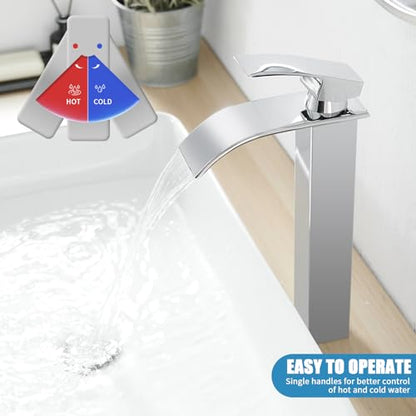 RUMOSE Tall Bathroom Faucet Vessel Sink Faucet with Drain, Polished Chrome | Modern Single Handle One Hole Bathroom Faucet Waterfall Rv Lavatory Vanity Faucet Mixer Tap, Pop Up Drain, Stainless Steel - color: Polished Chrome