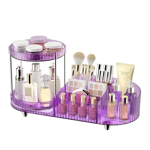 360 Rotating Vanity Makeup Organizer, 2 Small Trays & 5 Compartments for Cosmetics, Skincare, Perfume, Lipstick & Make up Brushes Holder, Purple Countertop Organizers and Storage for Dresser, Bathroom - color: Clear Lavender