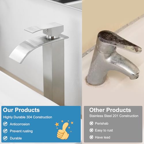 RUMOSE Tall Bathroom Faucet Vessel Sink Faucet with Drain, Brushed Nickel | Modern Single Handle One Hole Bathroom Faucet Waterfall Rv Lavatory Vanity Faucet Mixer Tap, Pop Up Drain, Stainless Steel - color: Brushed Nickel