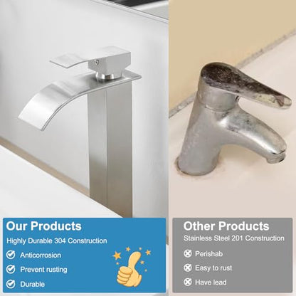 RUMOSE Tall Bathroom Faucet Vessel Sink Faucet with Drain, Brushed Nickel | Modern Single Handle One Hole Bathroom Faucet Waterfall Rv Lavatory Vanity Faucet Mixer Tap, Pop Up Drain, Stainless Steel - color: Brushed Nickel