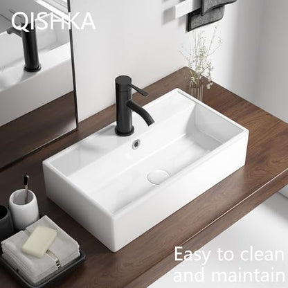 Wall Mount Rectangular Vessel Sink with Towel Rack, QISHKA 21.5"x12.5" Modern Ceramic Bathroom Floating Sink, White Rectangle Vanity Sink with Overflow, Wall Hung Wash Hand Basin - size: 21.5" x 12.5" x 5.1"