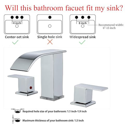 LED Bathroom Faucet 3 Hole, Chrome Waterfall Bathroom Faucets, 8 Inch Widespread Modern Bathroom Sink Faucet & Parts, Wide Spread Touch On Three Hole 2 Handle 3 Piece Bathroom Vanity Faucet - color: Chrome