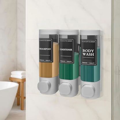 3-Chamber Wall Mount Shower Dispenser - No-Drill Adhesive or Drill Mount - Refillable Shampoo, Conditioner & Body Wash Dispenser for Home, RV & Hotel - Eco-Friendly & Compact (Silver) - color: Silver