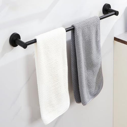 Towel Bar, Adjustable 15inch - 25.5inch Towel Rack, Self Adhesive Wall Mounted for Bathroom Kitchen Hand Towel Holder Cloths Hanger 304 Stainless Steel Organizer Single Bar (1PCS, Matte Black)