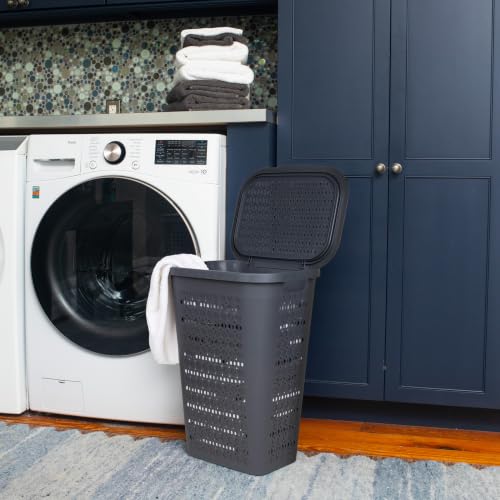 Mind Reader Slim Tapered Laundry Hamper with Lid, Clothes Basket with Swiss Cross Cut-Outs, Lightweight & Ventilated, Plastic, 16.75"L x 12.75"W x 23"H, Gray - color: Gray