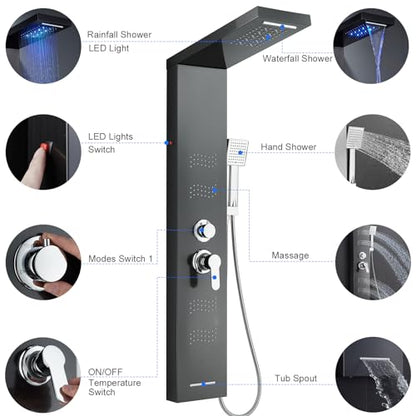 Stainless Steel Shower Panel Tower System with LED Lights, 5 in 1 Shower Panel with Rainfall Waterfall Shower Head, Body Spray, Handheld Shower, Tub Spout (Black) - color: Black - Wave Body Spray