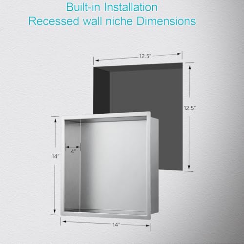 14"x14"x4" Stainless Steel Shower Niche No Tile Needed - Brushed Nickel Bathroom Wall Niche Insert, Recessed Waterproof Shelf for Drywall/Tile Showers - size: 14x14" - Brushed Nickel