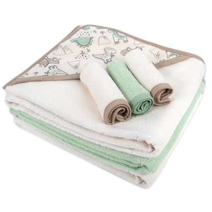 Hooded Baby Bath Towel and Washcloth 6 Piece Set for Newborns, Infants & Toddlers, Boys & Girls Baby Hooded Towels Set (Dinosaurs & Stripes) - color: Dinosaurs & Stripes