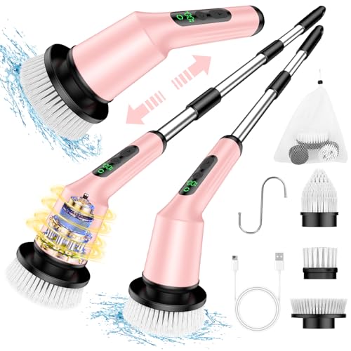 Electric Spin Scrubber for Bathroom, Shower Scrubber with Long Handle | Shower Cleaner Brushes, IPX7 Waterproof & 2 Speed, 3 Brush Heads, 90min Runtime, Bathroom Cleaning Supplies for Toilet Tub - color: Pink, size: 3 Brush Heads