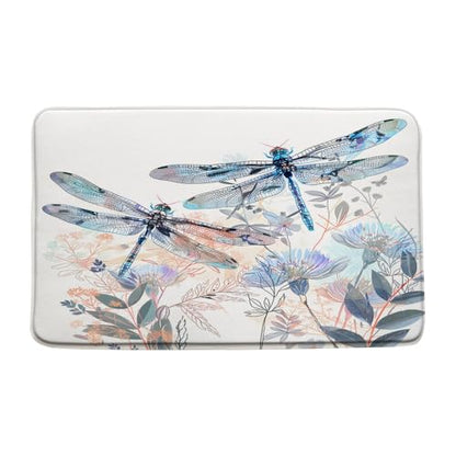 2 Pcs Dragonfly Bath Mat Abstract Flowers Leaves Nature Animals Botanical Memory Foam Soft Doormat Kitchen Bathroom Mat/Rugs, 18x30 Inch and 16x48 Inch - size: 18x30 Inch+16x48 Inch(45x75CM+40x120CM)