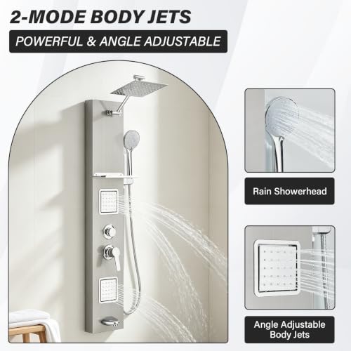 Brushed Surface Shower Panel Contemporary Wall Mount Shower Tower with Adjustable Rainfall Shower Head Large Body Jets Stainless Steel Shower System with Shelf