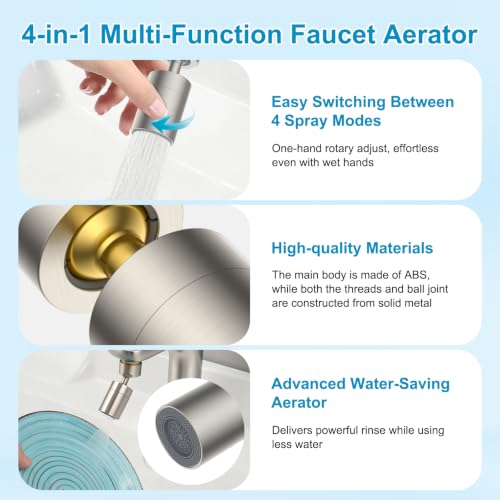 Hibbent 4-Mode Faucet Aerator, Faucet Sprayer Attachment, Brushed Nickel | NSF/ANSI/CAN 372 Certified, 360° Swivel Kitchen & Bathroom Sink Aerator, Faucet Replacement Part, 55/64 Inch Female Thread - color: Brushed Nickel, style: Four Modes
