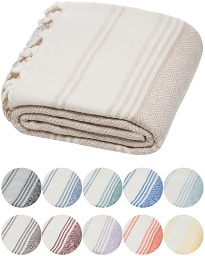 DEMMEX Organic Diamond Turkish Bath & Beach Towel | 100% Oeko-TEX Certified Turkish Cotton, Ultra-Soft, Quick-Dry, Lightweight, Compact & Oversized Luxury Peshtemal Towel, Prewashed, 71"x36", Beige - color: Beige