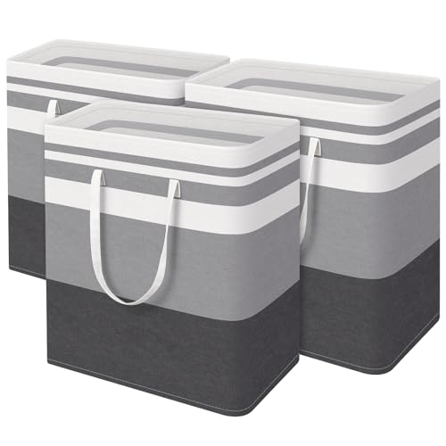BlissTotes 3-Pack Laundry Basket, Collapsible Laundry Hamper, Grey, 125L | Laundry Clothes Hamper, Hampers for Bedroom, Freestanding Hamper with Handles, Clothes Laundry Basket - color: Grey, size: 125L